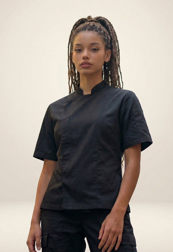Chaqueta Chef Manga Corta en Gabardina Negra - Dama 203