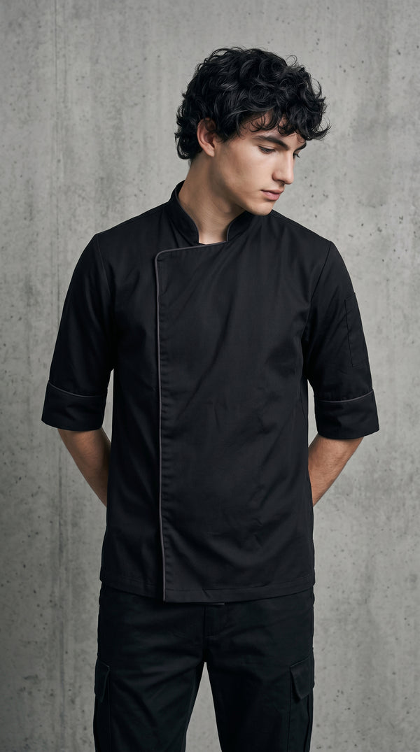 Chaqueta Chef Gabardina Manga 3/4 Negra Hombre | Concrete Kitchen