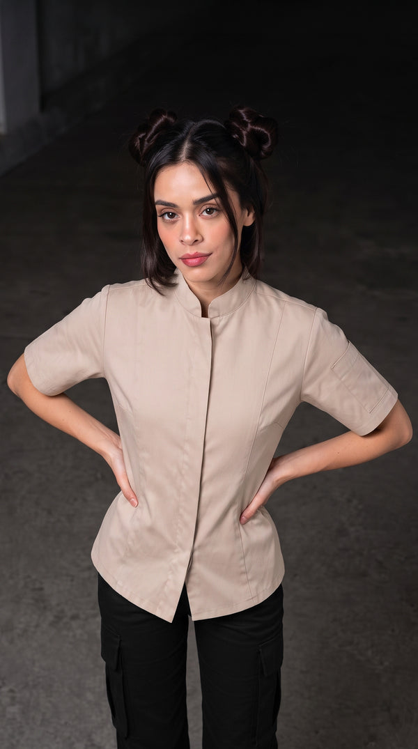 Camisa Chef Gabardina Manga Corta Beige