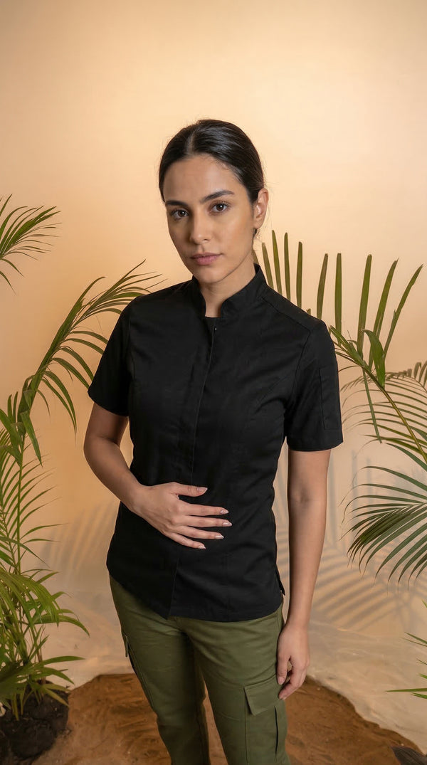 Camisa Chef Gabardina Manga Corta Negra