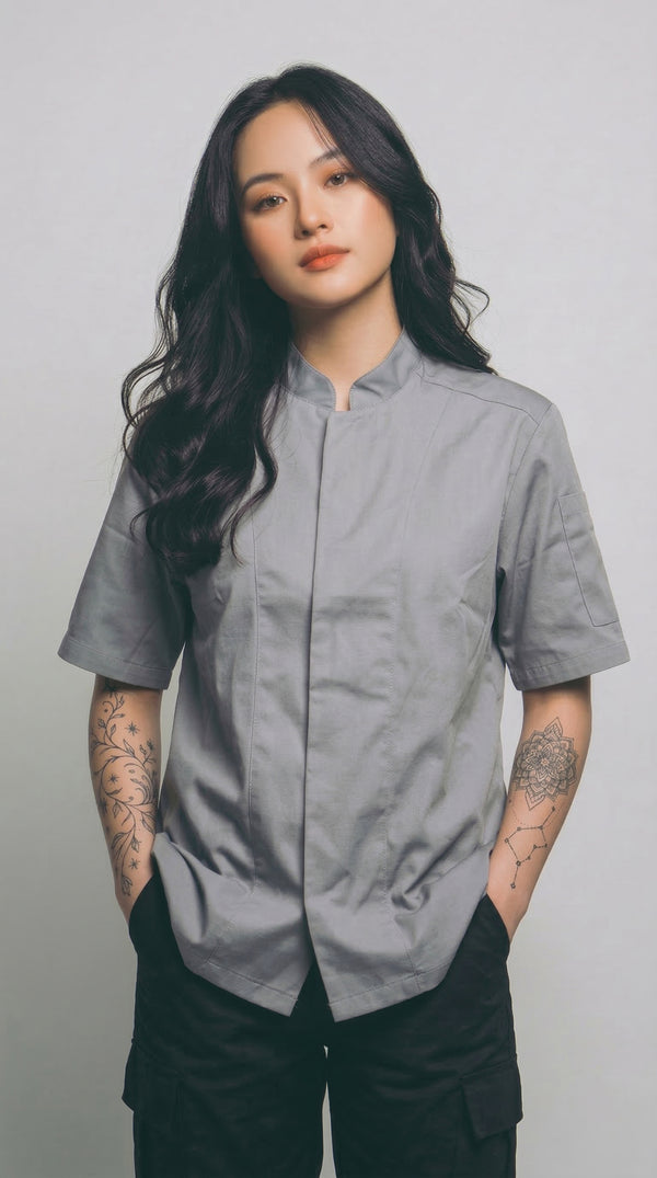 Camisa Chef Gabardina Manga Corta Gris Claro | Monochrom
