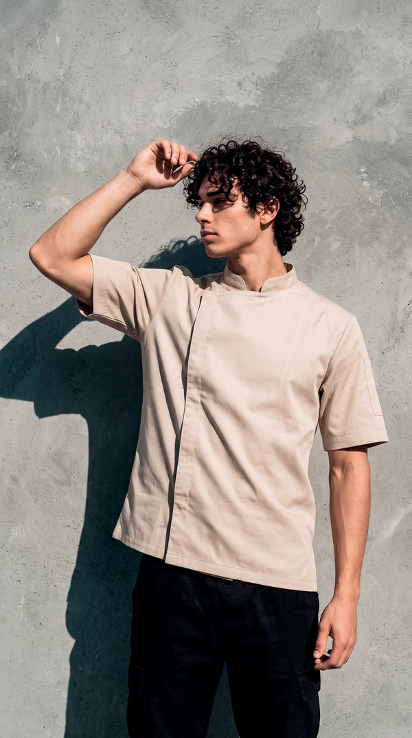 Chaqueta Chef Gabardina Unisex Manga Corta Beige | Concrete Kitchen