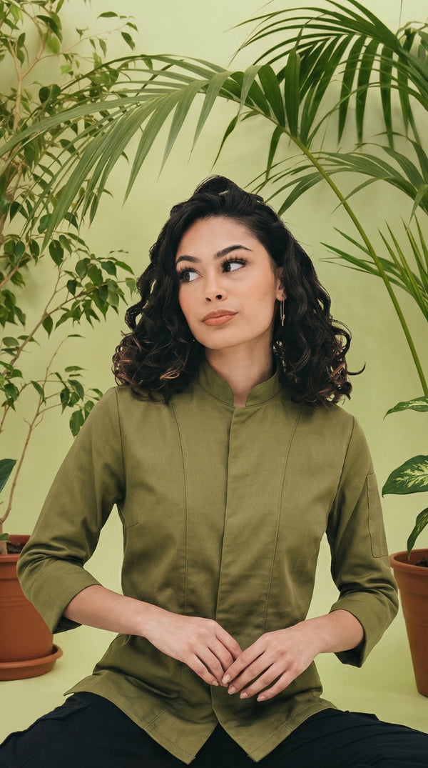 Camisa Chef Gabardina Manga 3/4 Verde Oliva