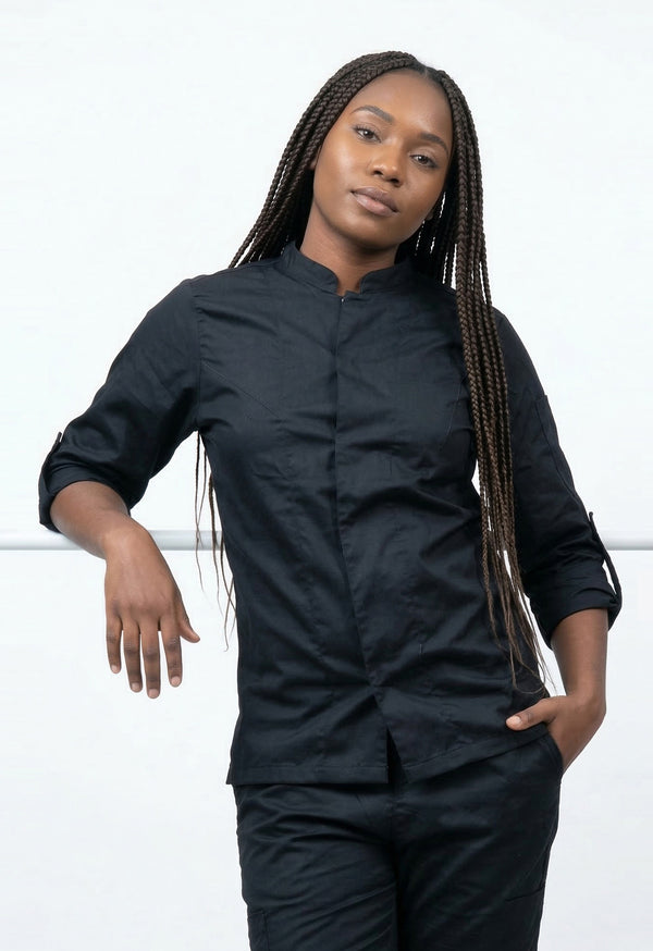 Camisa Chef Manga 3/4 en Gabardina Negra - Unisex