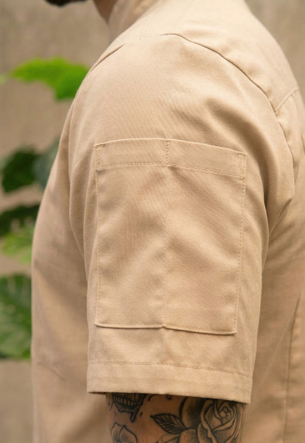 Camisa Chef Manga Corta en Gabardina Beige - Unisex 202