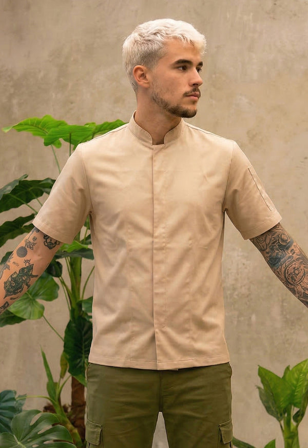 Camisa Chef Manga Corta en Gabardina Beige - Unisex 202