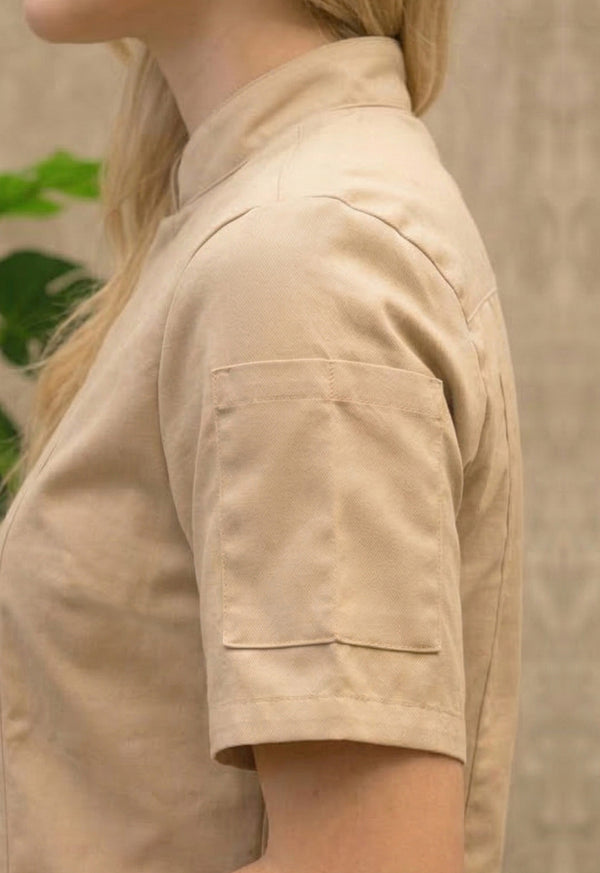 Camisa Chef Manga Corta en Gabardina Beige - Unisex 202