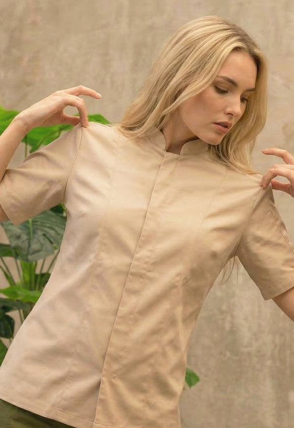 Camisa Chef Manga Corta en Gabardina Beige - Unisex 202