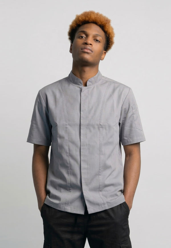 Camisa Chef Manga Corta en Gabardina Gris - Unisex