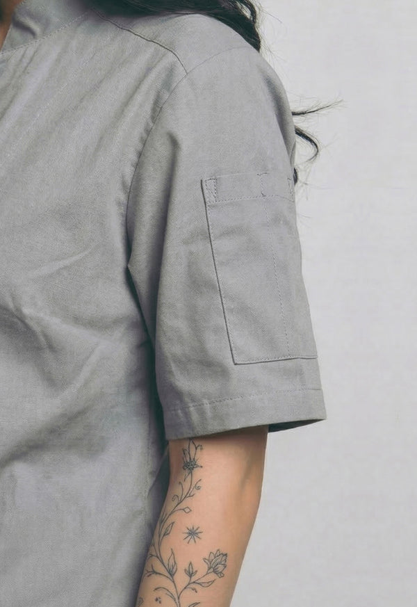 Camisa Chef Manga Corta en Gabardina Gris - Unisex