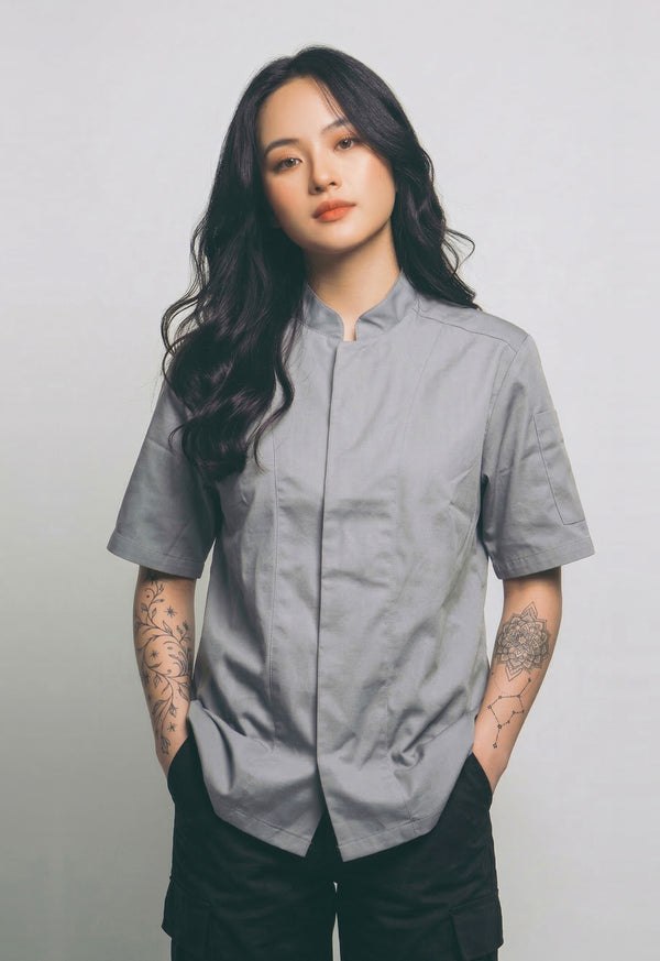 Camisa Chef Manga Corta en Gabardina Gris - Unisex