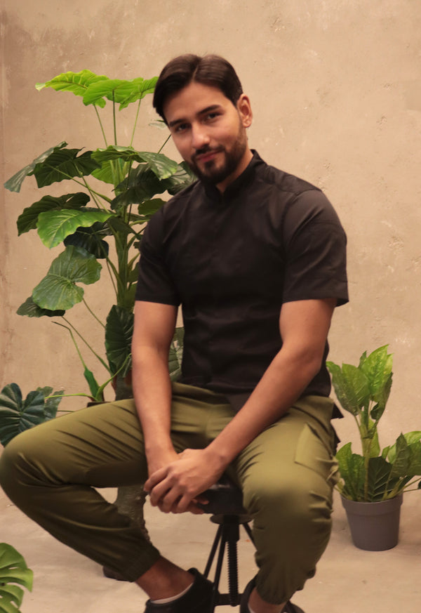 Camisa Chef Manga Corta en Gabardina Negra - Unisex