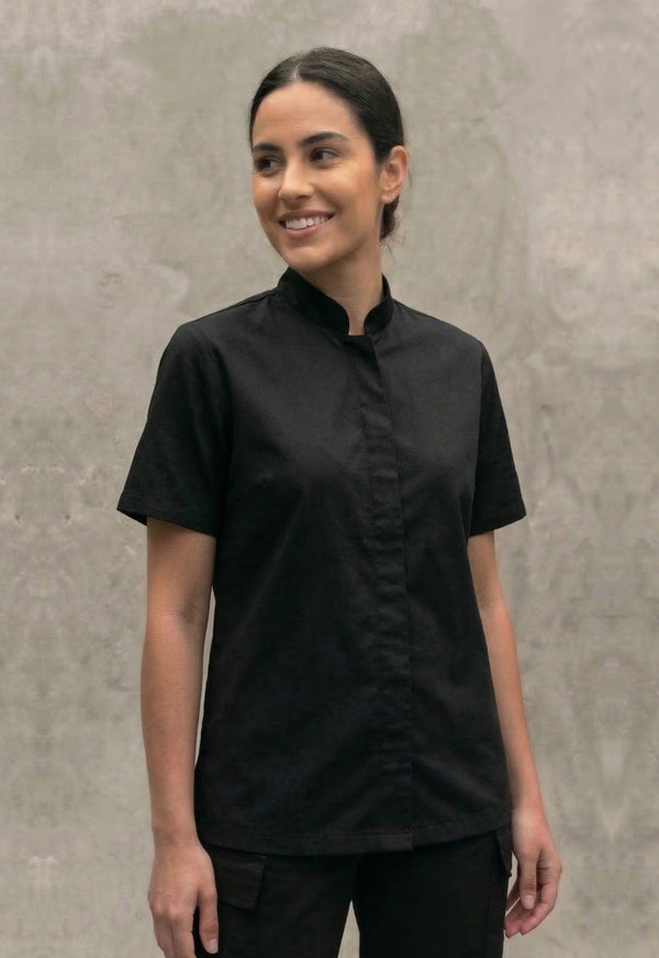 Camisa Chef Manga Corta en Gabardina Negra - Unisex