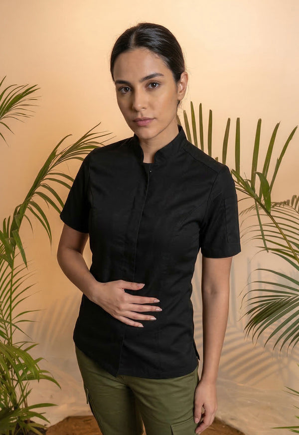 Camisa Chef Manga Corta en Gabardina Negra - Unisex
