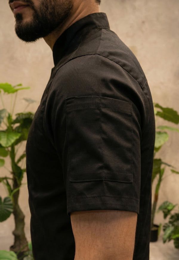 Camisa Chef Manga Corta en Gabardina Negra - Unisex