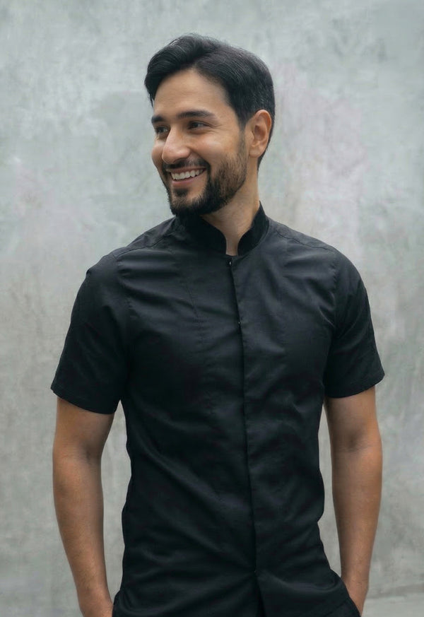 Camisa Chef Manga Corta en Gabardina Negra - Unisex