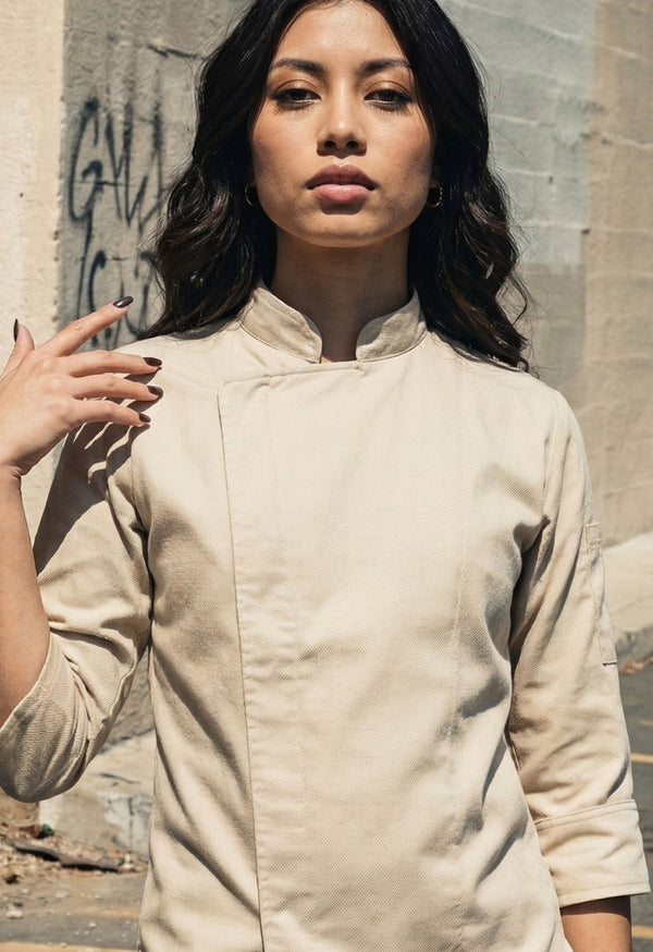 Chaqueta Chef Manga 3/4 en Gabardina Beige - Unisex 200